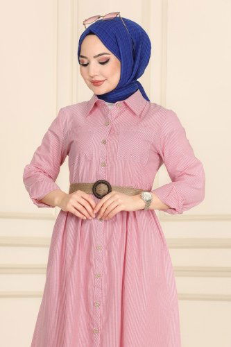 moda selvim Hasır Kemerli Terikoton Elbise 1525NWS799 Bordo - Thumbnail