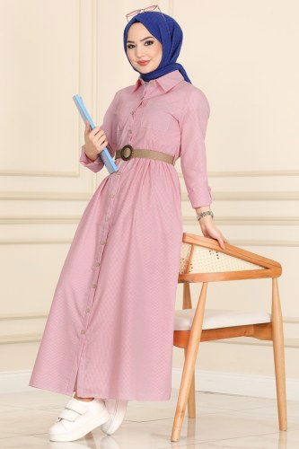 moda selvim Hasır Kemerli Terikoton Elbise 1525NWS799 Bordo - Thumbnail