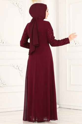 moda selvim Eteği Fırfırlı Şifon Abiye 52865ALM181 Bordo - Thumbnail