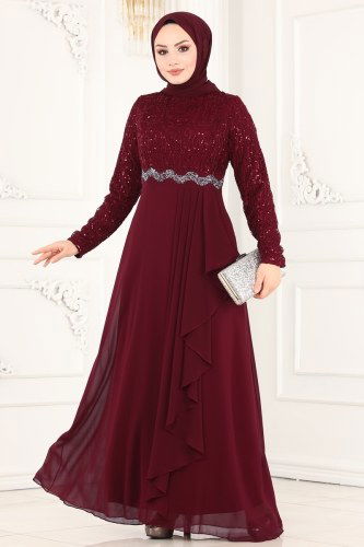 moda selvim Eteği Fırfırlı Şifon Abiye 52865ALM181 Bordo - Thumbnail