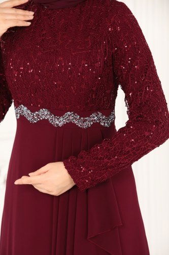 moda selvim Eteği Fırfırlı Şifon Abiye 52865ALM181 Bordo - Thumbnail