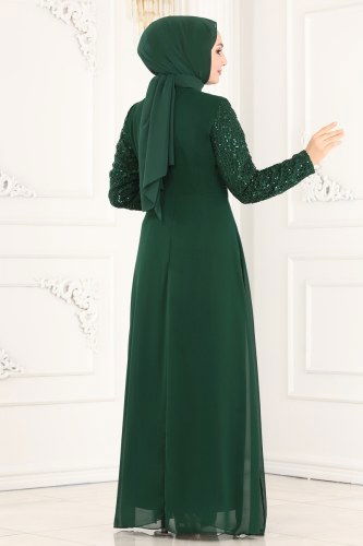 moda selvim Eteği Fırfırlı Şifon Abiye 52865ALM181 Zümrüt - Thumbnail