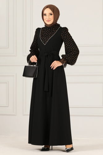 moda selvim Heart Patterned Crepe Dress with Detailed Sleeves ASM2637-1 Black - Thumbnail