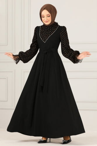 moda selvim Heart Patterned Crepe Dress with Detailed Sleeves ASM2637-1 Black - Thumbnail