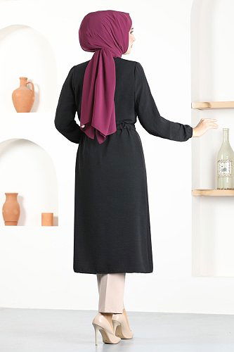 moda selvim Overcoat TBT671 Black - Thumbnail