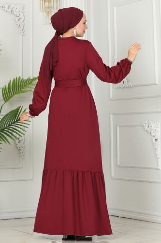 moda selvim Dress with Ruffled Skirt 277DVL817 Burgundy - Thumbnail