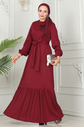 moda selvim Dress with Ruffled Skirt 277DVL817 Burgundy - Thumbnail