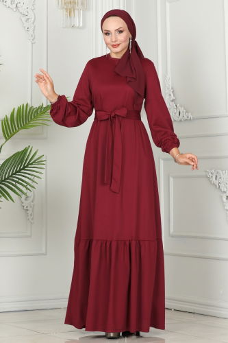 moda selvim Dress with Ruffled Skirt 277DVL817 Burgundy - Thumbnail