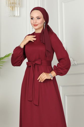 moda selvim Dress with Ruffled Skirt 277DVL817 Burgundy - Thumbnail