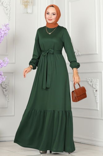 moda selvim Dress with Ruffled Skirt 277DVL817 Emerald - Thumbnail