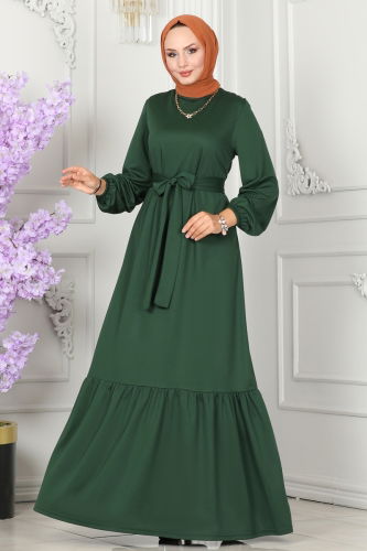 moda selvim Dress with Ruffled Skirt 277DVL817 Emerald - Thumbnail