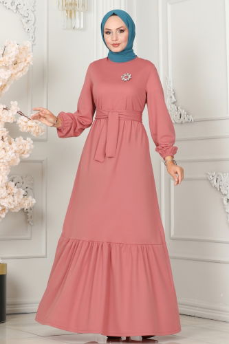 moda selvim Dress with Ruffled Skirt 277DVL817 Rose Dried - Thumbnail