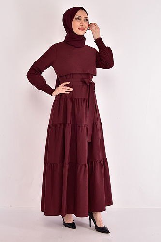moda selvim Hijab Dress with Bolero ASM2610-M Burgundy - Thumbnail