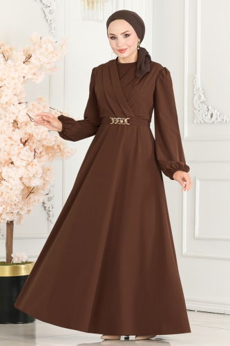 A.S.M. - Hijab Dress with Chain Belt ASM2646 Light Brown