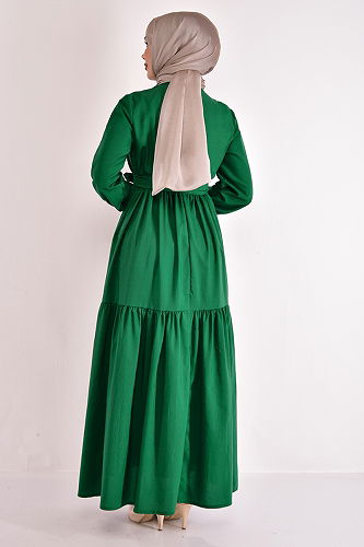 moda selvim Hijab Dress with Folded Skirt ASM2625-M Emerald - Thumbnail
