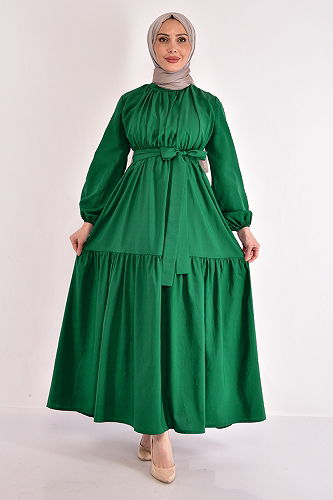 moda selvim Hijab Dress with Folded Skirt ASM2625-M Emerald - Thumbnail