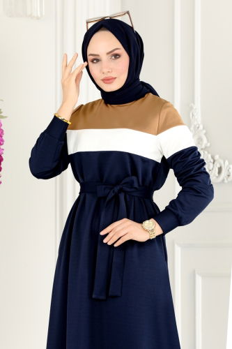 moda selvim Dress 2492SL432 Navy Blue&Latte - Thumbnail