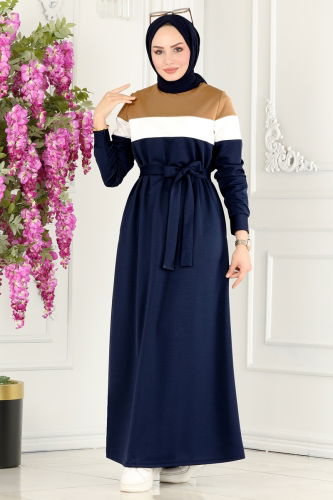 moda selvim Dress 2492SL432 Navy Blue&Latte - Thumbnail