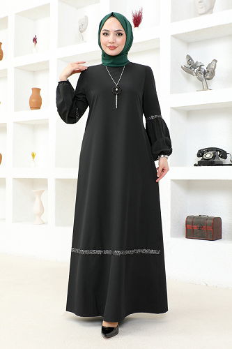 moda selvim Hijab Dress with Necklace ASM2676-M Black - Thumbnail