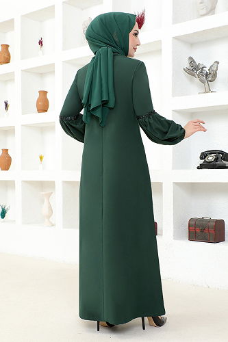 moda selvim Hijab Dress with Necklace ASM2676-M Emerald - Thumbnail