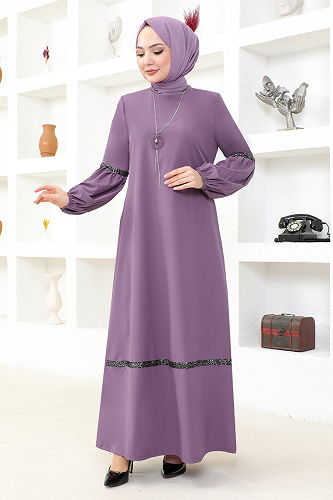moda selvim Hijab Dress with Necklace ASM2676-M Lilac - Thumbnail