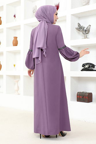 moda selvim Hijab Dress with Necklace ASM2676-M Lilac - Thumbnail