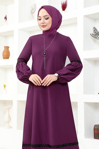 moda selvim Hijab Dress with Necklace ASM2676-M Magenta - Thumbnail