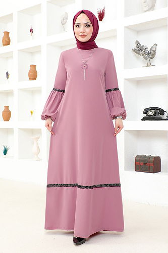 moda selvim Hijab Dress with Necklace ASM2676-M Rose Dried - Thumbnail