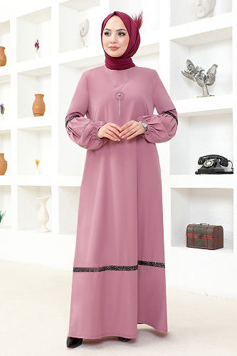 moda selvim Hijab Dress with Necklace ASM2676-M Rose Dried - Thumbnail