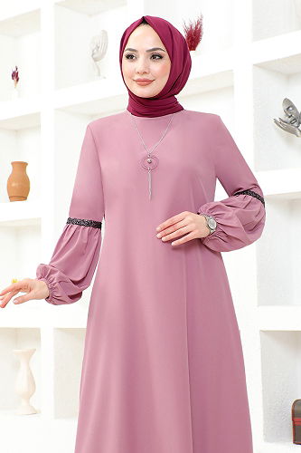 moda selvim Hijab Dress with Necklace ASM2676-M Rose Dried - Thumbnail