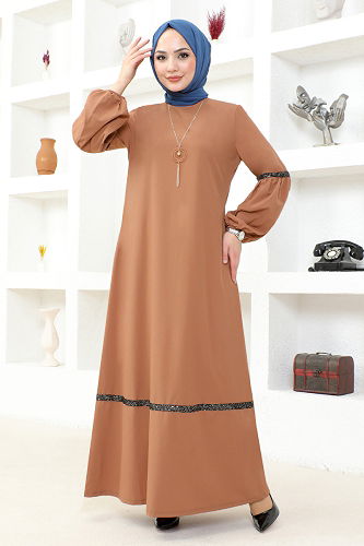 moda selvim Hijab Dress with Necklace ASM2676-M Taba - Thumbnail