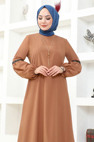 moda selvim Hijab Dress with Necklace ASM2676-M Taba - Thumbnail