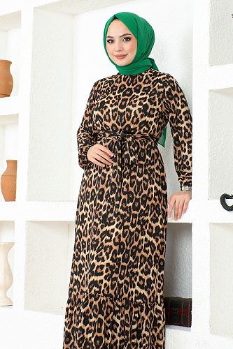 moda selvim الفستان بني DVL215 - Thumbnail