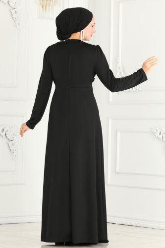 moda selvim Hijab Evening Dresses with Stone Detailed Waist 2521SL432 Black - Thumbnail