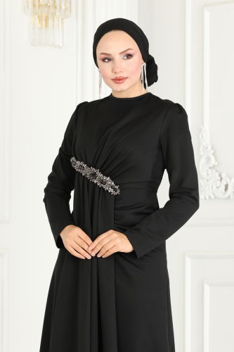 moda selvim Hijab Evening Dresses with Stone Detailed Waist 2521SL432 Black - Thumbnail