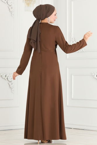 moda selvim Hijab Evening Dresses with Stone Detailed Waist 2521SL432 Brown - Thumbnail