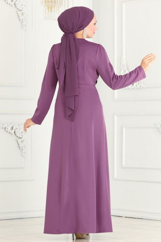 moda selvim Hijab Evening Dresses with Stone Detailed Waist 2521SL432 Dark Lilac - Thumbnail