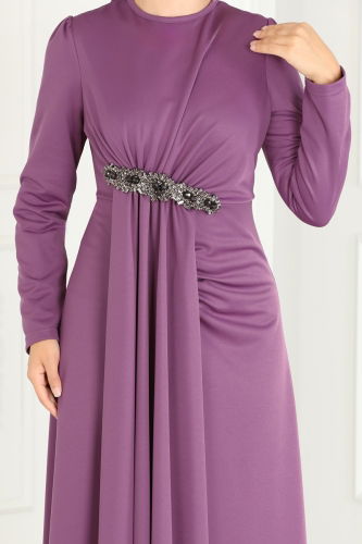 moda selvim Hijab Evening Dresses with Stone Detailed Waist 2521SL432 Dark Lilac - Thumbnail