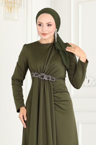 moda selvim Hijab Evening Dresses with Stone Detailed Waist 2521SL432 Khaki - Thumbnail