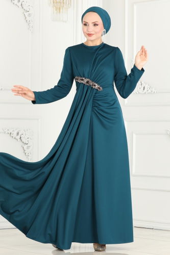 moda selvim Hijab Evening Dresses with Stone Detailed Waist 2521SL432 Petrol - Thumbnail