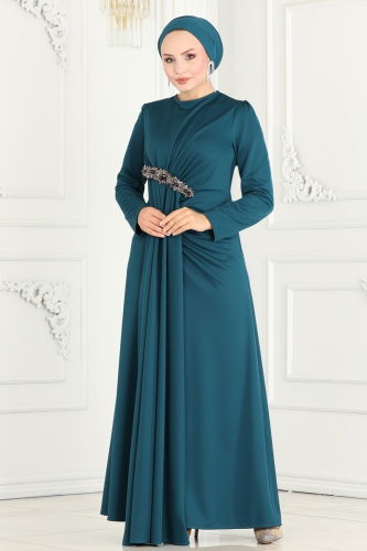 moda selvim Hijab Evening Dresses with Stone Detailed Waist 2521SL432 Petrol - Thumbnail