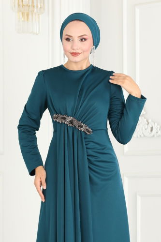 moda selvim Hijab Evening Dresses with Stone Detailed Waist 2521SL432 Petrol - Thumbnail