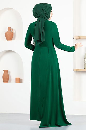 moda selvim Hijab Evening Dresses with Stones END5561-M Emerald - Thumbnail