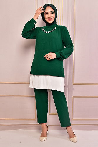 moda selvim Hijab Suit with Necklace EFS4070-M Emerald - Thumbnail