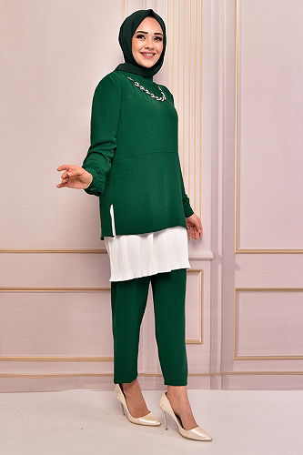 moda selvim Hijab Suit with Necklace EFS4070-M Emerald - Thumbnail