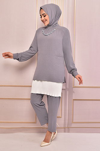 moda selvim Hijab Suit with Necklace EFS4070-M Gray - Thumbnail