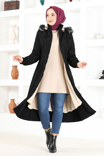 moda selvim Hooded Coat EMO7023-M Black - Thumbnail