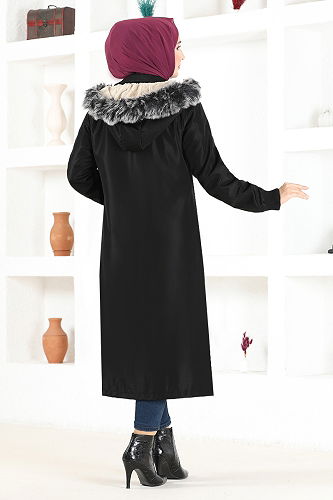 moda selvim Hooded Coat EMO7023-M Black - Thumbnail