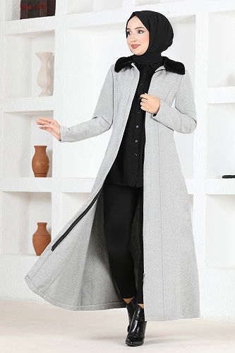 moda selvim Hooded Fur Coat END5563-M Gray - Thumbnail