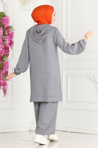 moda selvim Hooded Linen Double Set 245DVL817 Gray - Thumbnail